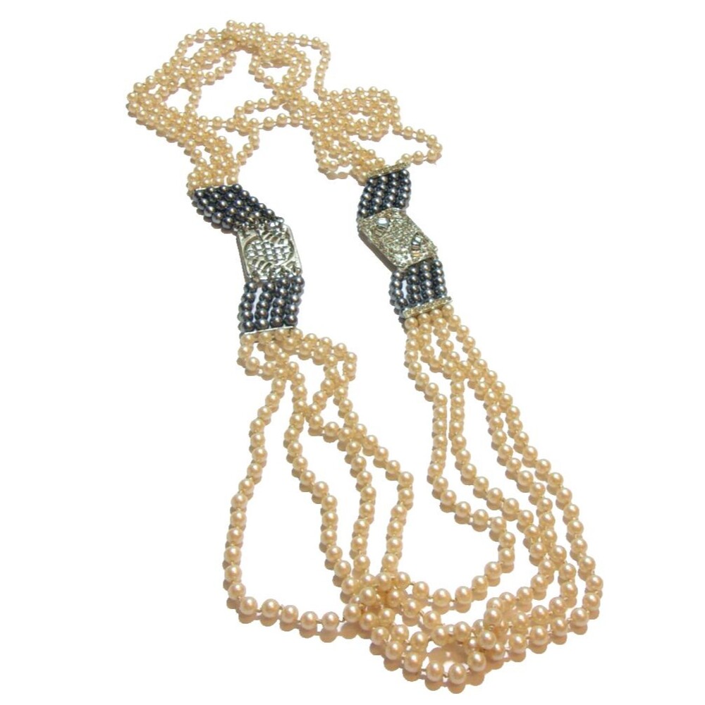 Art Deco Beaded Long Necklace Off-White and Gray Pearls Crystal  Costume Piece